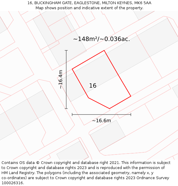 16, BUCKINGHAM GATE, EAGLESTONE, MILTON KEYNES, MK6 5AA: Plot and title map
