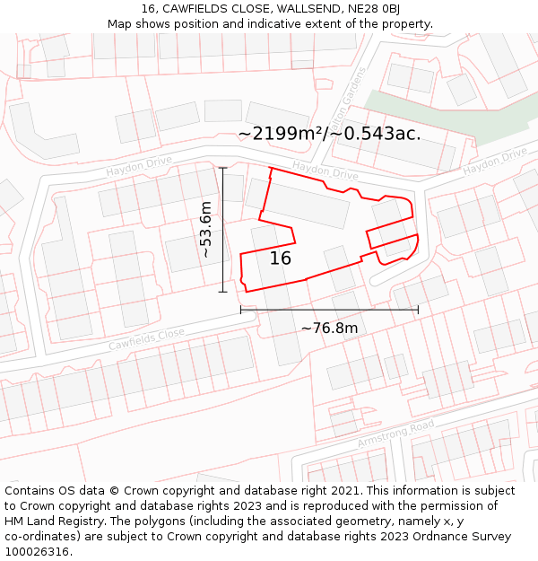 16, CAWFIELDS CLOSE, WALLSEND, NE28 0BJ: Plot and title map