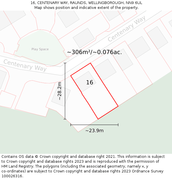 16, CENTENARY WAY, RAUNDS, WELLINGBOROUGH, NN9 6UL: Plot and title map