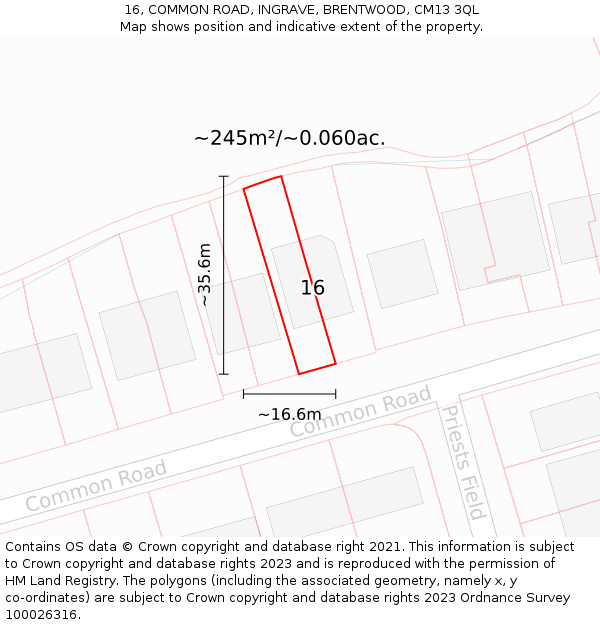 16, COMMON ROAD, INGRAVE, BRENTWOOD, CM13 3QL: Plot and title map