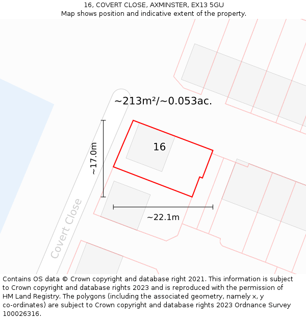 16, COVERT CLOSE, AXMINSTER, EX13 5GU: Plot and title map