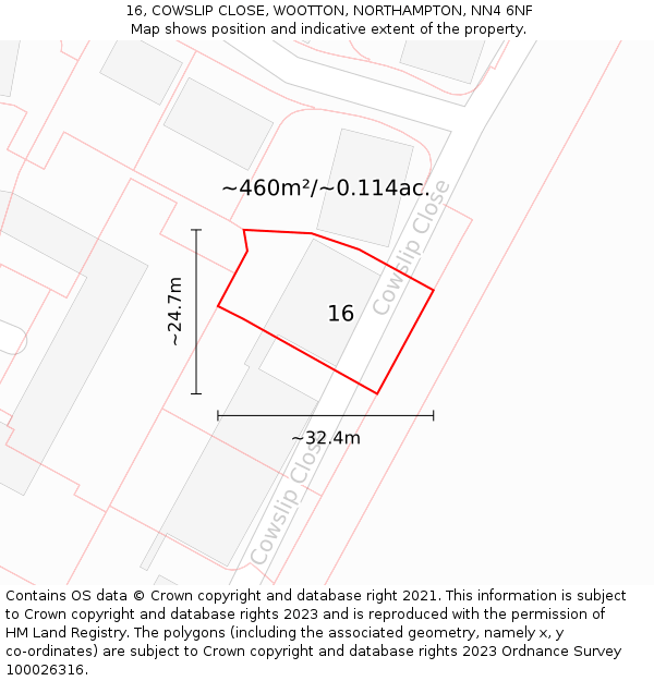 16, COWSLIP CLOSE, WOOTTON, NORTHAMPTON, NN4 6NF: Plot and title map