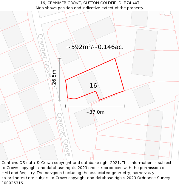16, CRANMER GROVE, SUTTON COLDFIELD, B74 4XT: Plot and title map