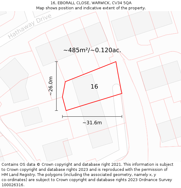 16, EBORALL CLOSE, WARWICK, CV34 5QA: Plot and title map