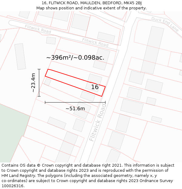 16, FLITWICK ROAD, MAULDEN, BEDFORD, MK45 2BJ: Plot and title map