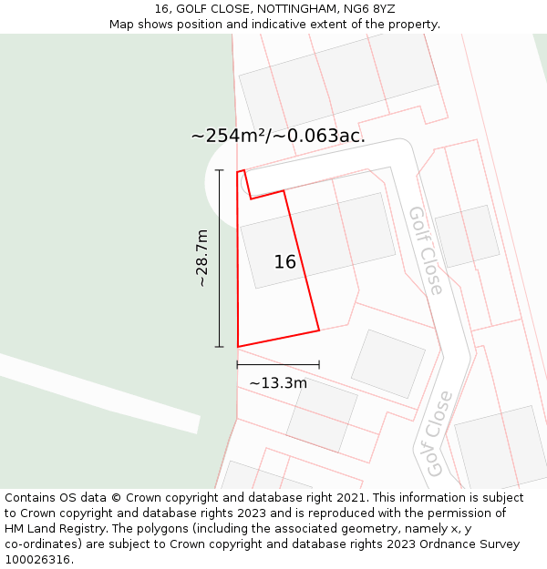 16, GOLF CLOSE, NOTTINGHAM, NG6 8YZ: Plot and title map