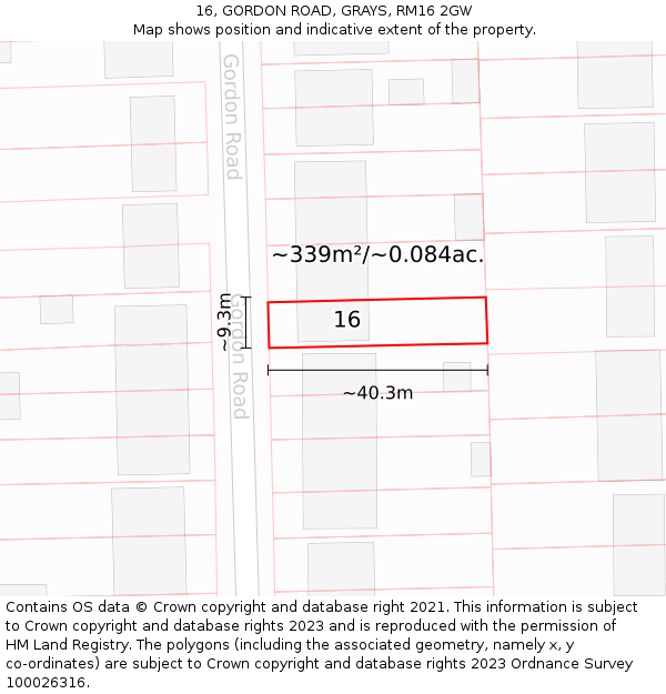 16, GORDON ROAD, GRAYS, RM16 2GW: Plot and title map