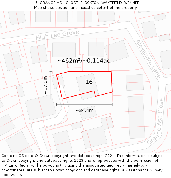 16, GRANGE ASH CLOSE, FLOCKTON, WAKEFIELD, WF4 4FF: Plot and title map