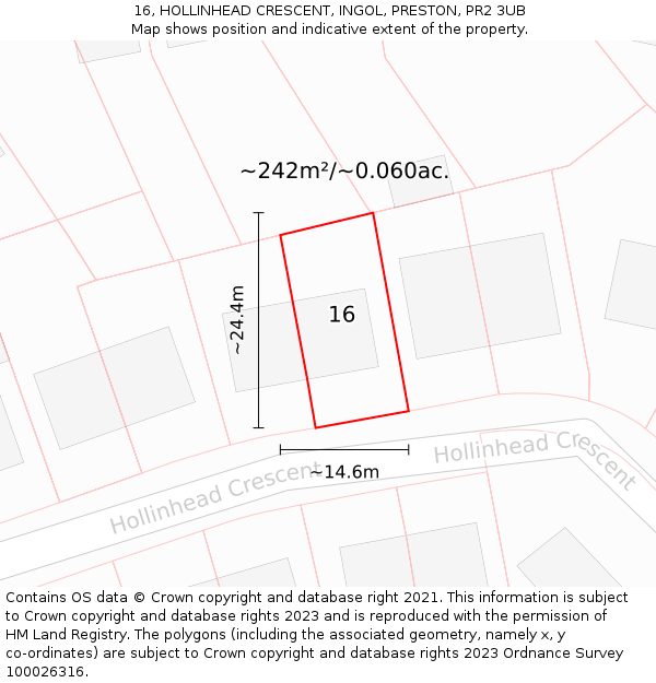 16, HOLLINHEAD CRESCENT, INGOL, PRESTON, PR2 3UB: Plot and title map