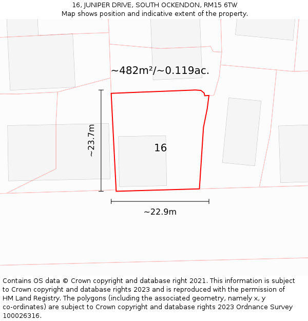 16, JUNIPER DRIVE, SOUTH OCKENDON, RM15 6TW: Plot and title map