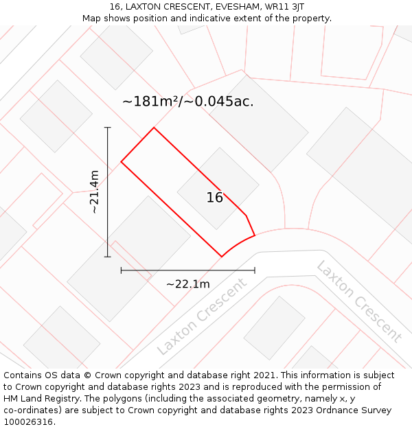 16, LAXTON CRESCENT, EVESHAM, WR11 3JT: Plot and title map