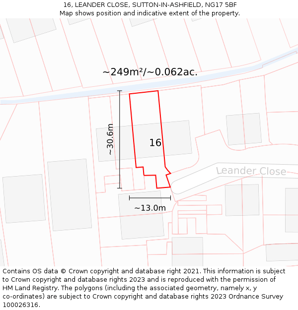 16, LEANDER CLOSE, SUTTON-IN-ASHFIELD, NG17 5BF: Plot and title map