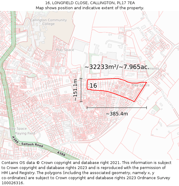 16, LONGFIELD CLOSE, CALLINGTON, PL17 7EA: Plot and title map