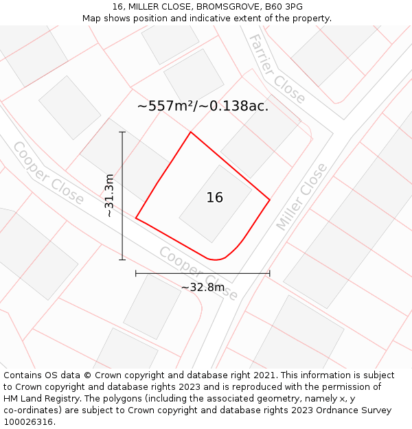 16, MILLER CLOSE, BROMSGROVE, B60 3PG: Plot and title map