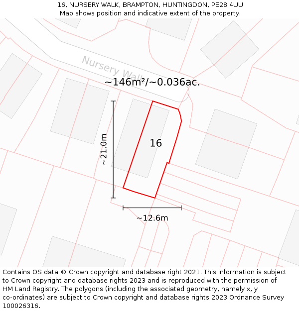 16, NURSERY WALK, BRAMPTON, HUNTINGDON, PE28 4UU: Plot and title map