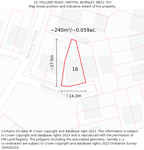 16, POLLARD ROAD, HAPTON, BURNLEY, BB12 7FH: Plot and title map