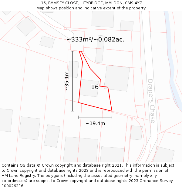 16, RAMSEY CLOSE, HEYBRIDGE, MALDON, CM9 4YZ: Plot and title map