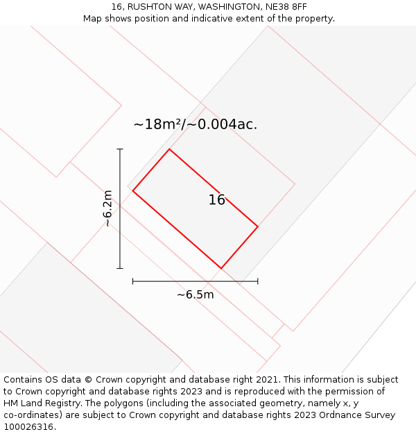 16, RUSHTON WAY, WASHINGTON, NE38 8FF: Plot and title map