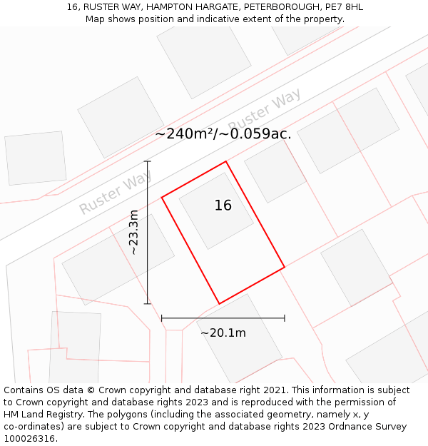 16, RUSTER WAY, HAMPTON HARGATE, PETERBOROUGH, PE7 8HL: Plot and title map