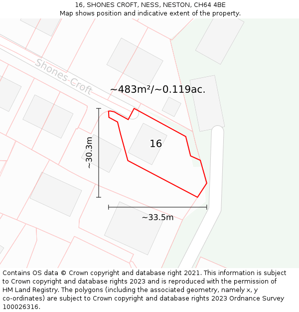 16, SHONES CROFT, NESS, NESTON, CH64 4BE: Plot and title map