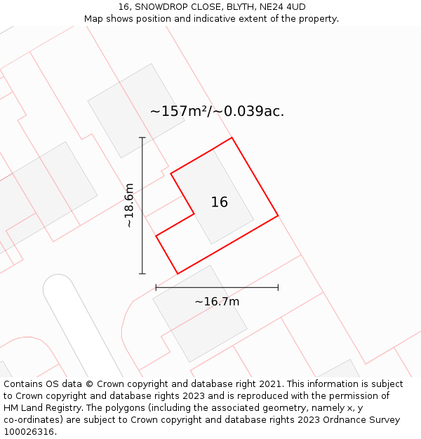 16, SNOWDROP CLOSE, BLYTH, NE24 4UD: Plot and title map