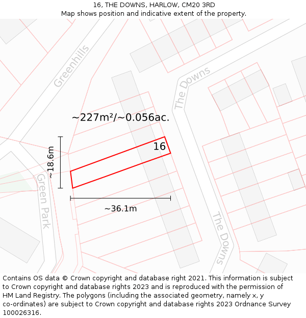 16, THE DOWNS, HARLOW, CM20 3RD: Plot and title map