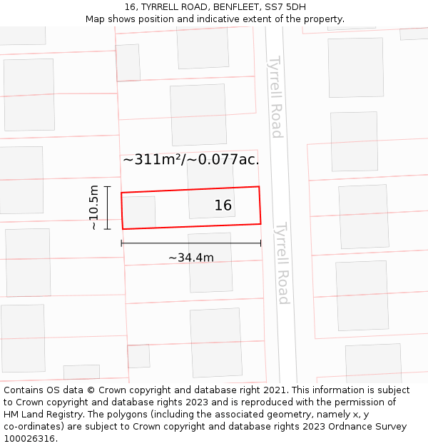 16, TYRRELL ROAD, BENFLEET, SS7 5DH: Plot and title map