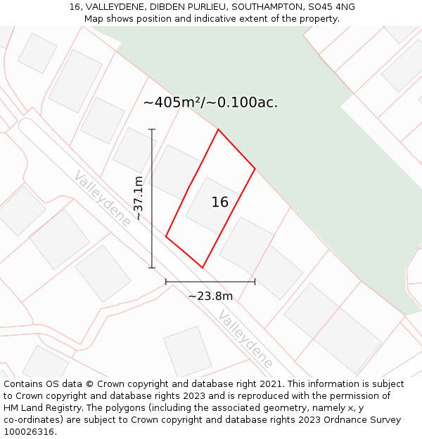 16, VALLEYDENE, DIBDEN PURLIEU, SOUTHAMPTON, SO45 4NG: Plot and title map