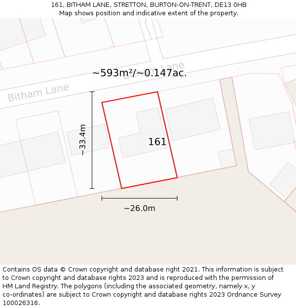 161, BITHAM LANE, STRETTON, BURTON-ON-TRENT, DE13 0HB: Plot and title map