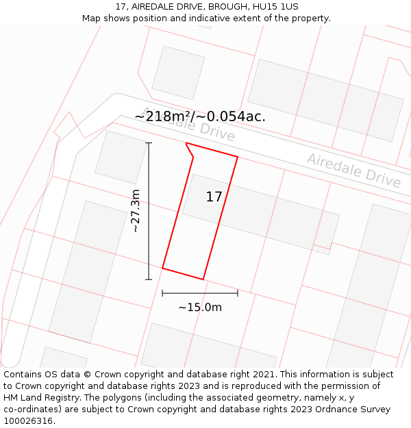 17, AIREDALE DRIVE, BROUGH, HU15 1US: Plot and title map