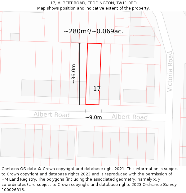 17, ALBERT ROAD, TEDDINGTON, TW11 0BD: Plot and title map