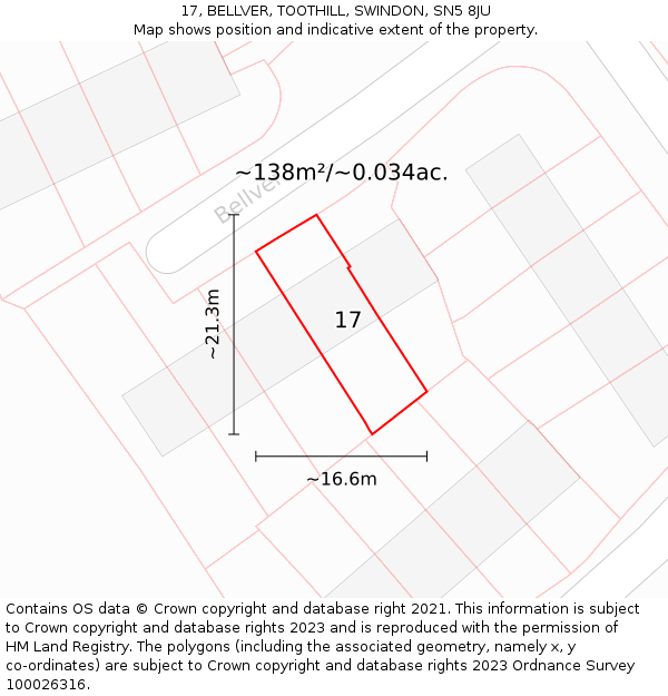 17, BELLVER, TOOTHILL, SWINDON, SN5 8JU: Plot and title map