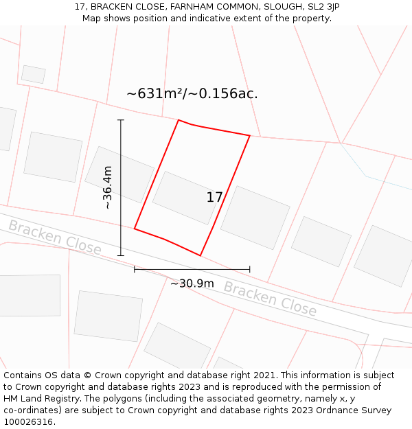 17, BRACKEN CLOSE, FARNHAM COMMON, SLOUGH, SL2 3JP: Plot and title map