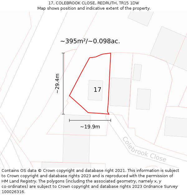 17, COLEBROOK CLOSE, REDRUTH, TR15 1DW: Plot and title map