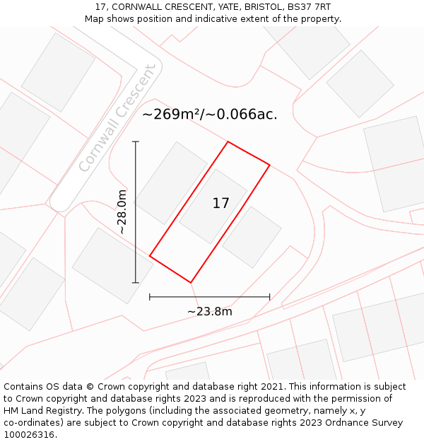 17, CORNWALL CRESCENT, YATE, BRISTOL, BS37 7RT: Plot and title map