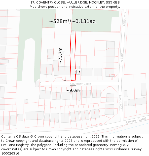 17, COVENTRY CLOSE, HULLBRIDGE, HOCKLEY, SS5 6BB: Plot and title map