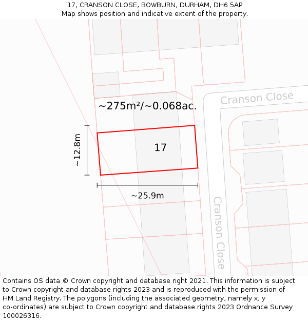 17, CRANSON CLOSE, BOWBURN, DURHAM, DH6 5AP: Plot and title map