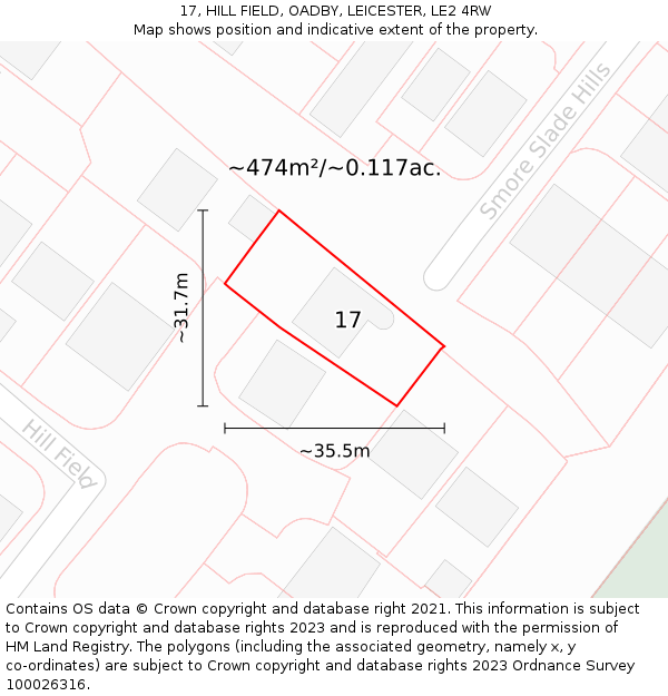 17, HILL FIELD, OADBY, LEICESTER, LE2 4RW: Plot and title map