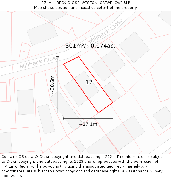 17, MILLBECK CLOSE, WESTON, CREWE, CW2 5LR: Plot and title map