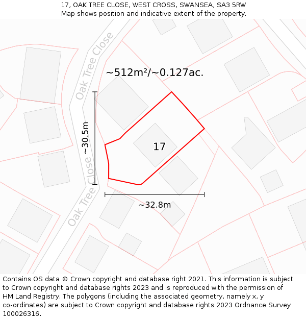 17, OAK TREE CLOSE, WEST CROSS, SWANSEA, SA3 5RW: Plot and title map