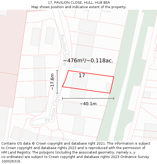 17, PAVILION CLOSE, HULL, HU8 8EA: Plot and title map
