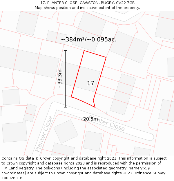 17, PLANTER CLOSE, CAWSTON, RUGBY, CV22 7GR: Plot and title map
