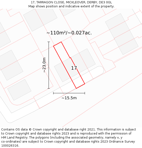 17, TARRAGON CLOSE, MICKLEOVER, DERBY, DE3 0GL: Plot and title map