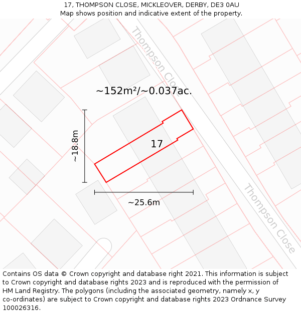17, THOMPSON CLOSE, MICKLEOVER, DERBY, DE3 0AU: Plot and title map