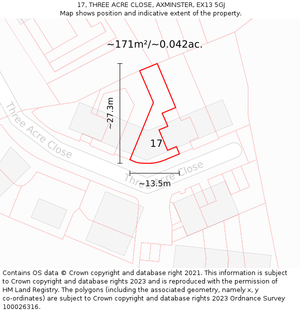 17, THREE ACRE CLOSE, AXMINSTER, EX13 5GJ: Plot and title map