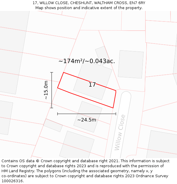 17, WILLOW CLOSE, CHESHUNT, WALTHAM CROSS, EN7 6RY: Plot and title map