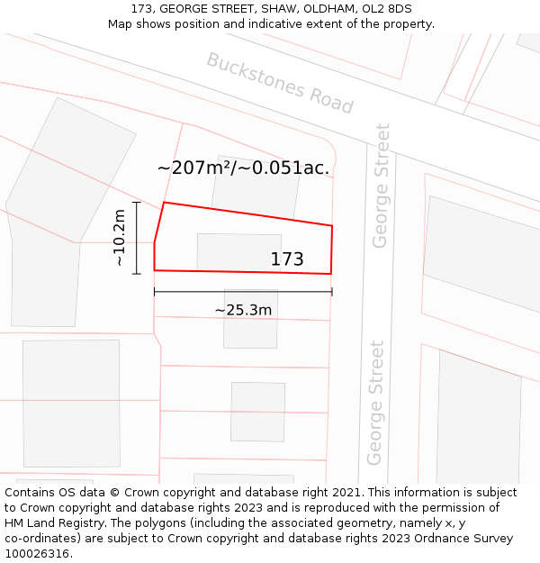 173, GEORGE STREET, SHAW, OLDHAM, OL2 8DS: Plot and title map