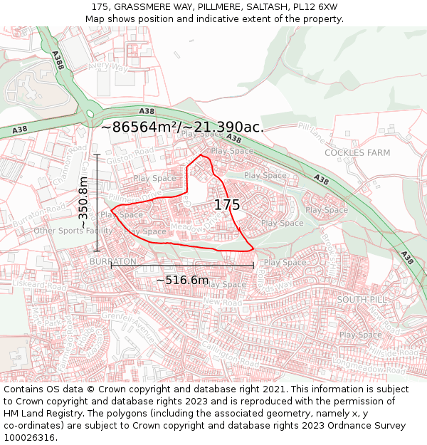 175, GRASSMERE WAY, PILLMERE, SALTASH, PL12 6XW: Plot and title map