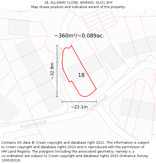 18, ALLOWAY CLOSE, WOKING, GU21 3HY: Plot and title map