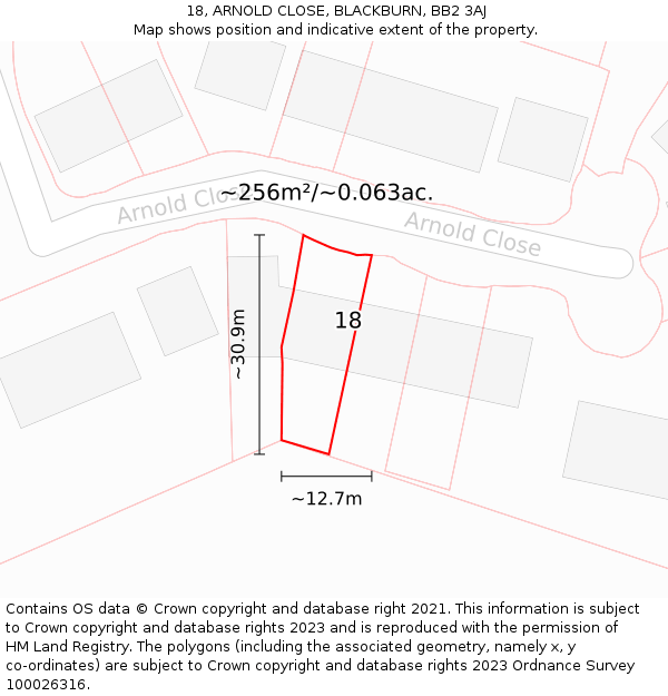 18, ARNOLD CLOSE, BLACKBURN, BB2 3AJ: Plot and title map